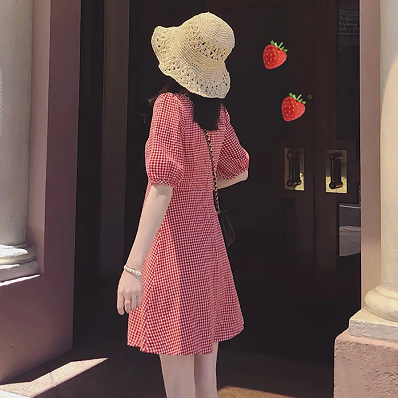 Cotton Linen Plaid Summer Dress Korean design Chic Women Casual Midi Dress