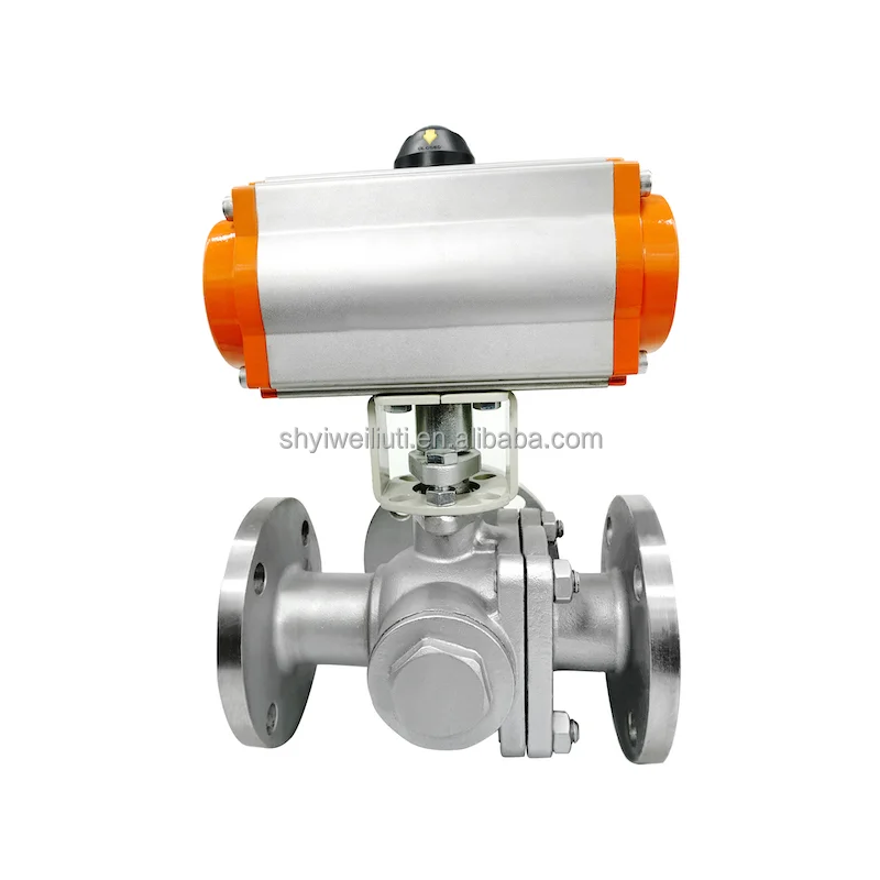 DN32 L Port stainless steel 304 316 flange connection 3 way 2pcs double union Pneumatic Actuator ball valve