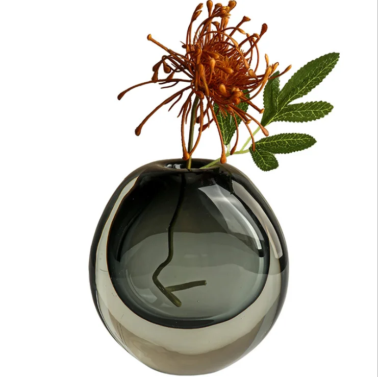 Wholesale Light Luxury Double Layer Coloured Modern Desktop Home Decor Blue Grey Brown Green Color Round Small Glass Vase