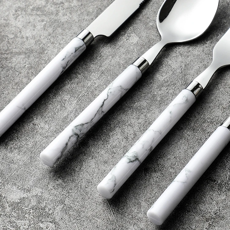 Hot sale restaurant hotel used 4 pcs stainless steel dinner fork spoon knife marble design plastic handle cutlery set