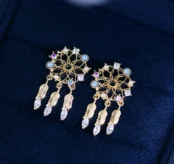 14K Gold Dream Catcher Earrings New Spring Summer Designer Feather Tassel Fresh Daily Exquisite Pearl Flower Hollow Stud Earring