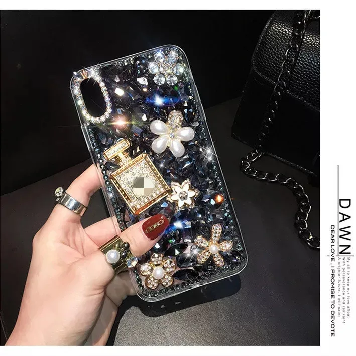 Fashion Bling Glitter Diamond Rhinestone Phone Cases For iphone 14 13 Pro Max Perfume Bottle Flower Gemstone Soft TPU Back Cover