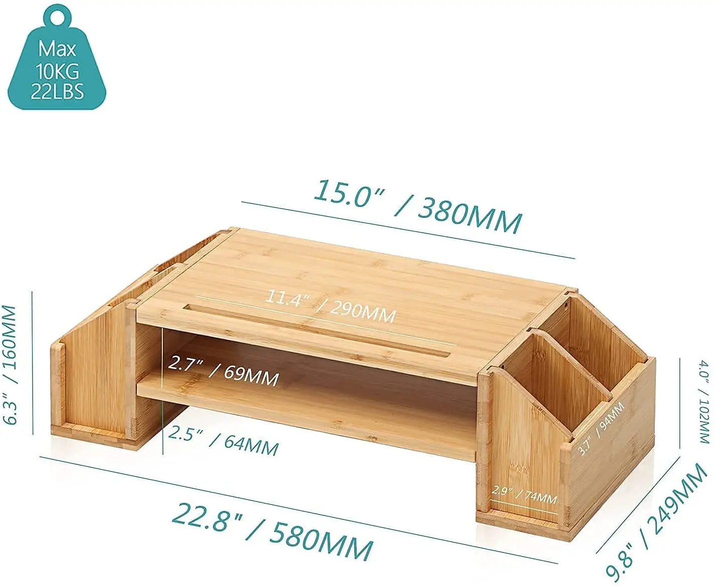 Bamboo 2-TIier Monitor Riser with Adjustable Storage Organizer Desktop Stand for Notebook