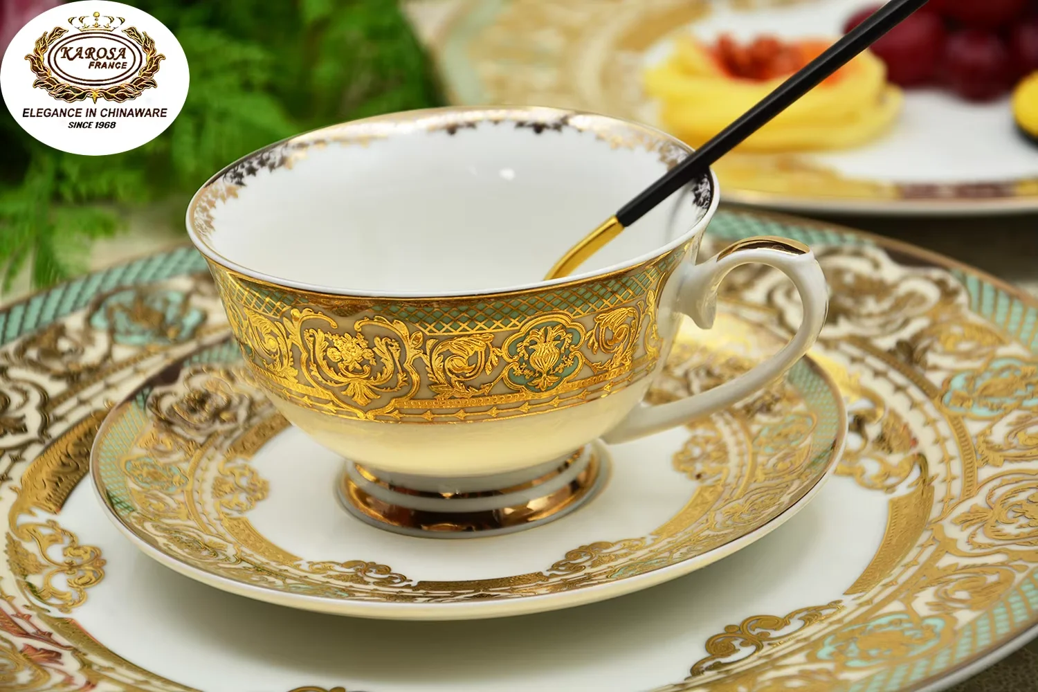 KAROSA Luxury Western style 17PCS tea/coffee set for 6 person German 24K embossed shiny real gold dinner set