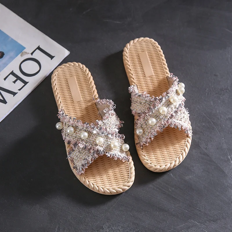summer woman ladies girls fashion pearl cross strap flat slipper beach slide sandals