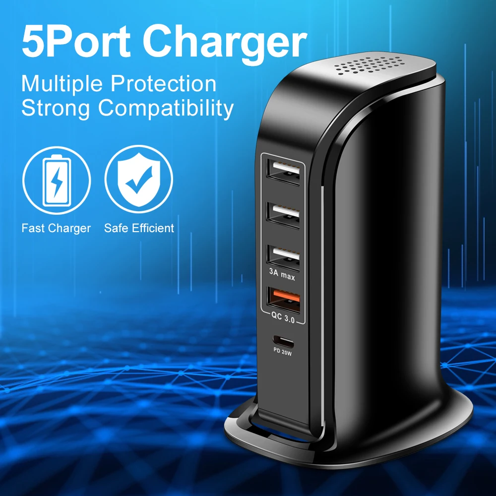 20W USB Wall Charger Universal 5 Port Multi USB AC Adapter 5V 3A Travel Charger for iPhone 20W USB C PD Charger Phone Charge HUB