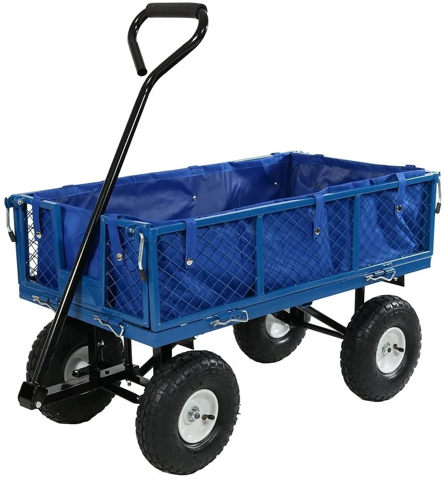Garden Cart Wagon Heavy Duty Mesh Steel, Utility Wagon Cart with Tire Pump , Yard Cart with Removable Sides