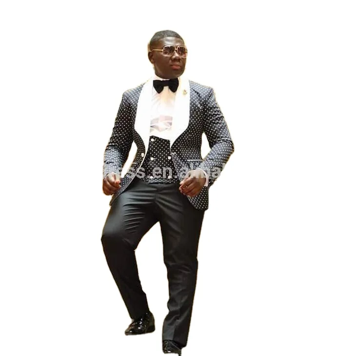 HD025 Black And White Dots Mens Dinner Party Prom Suits Groom Tuxedos Groomsmen Wedding Blazer Suits (Jacket+Pants+Vest+Tie)