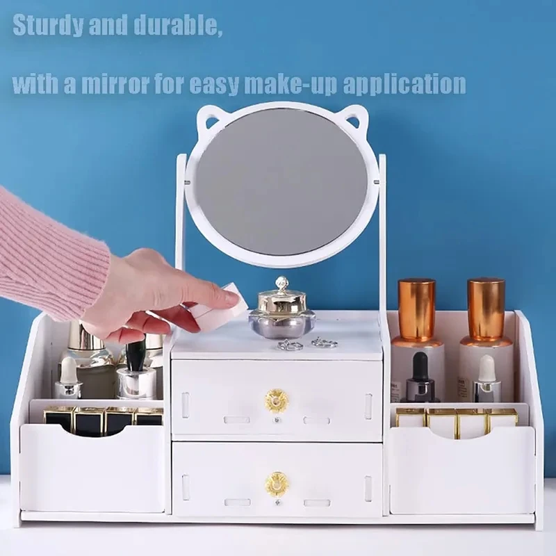 Multifunctional Luxury white round mirror nordic cosmetic storage box makeup organizer with cat ears with Mirror