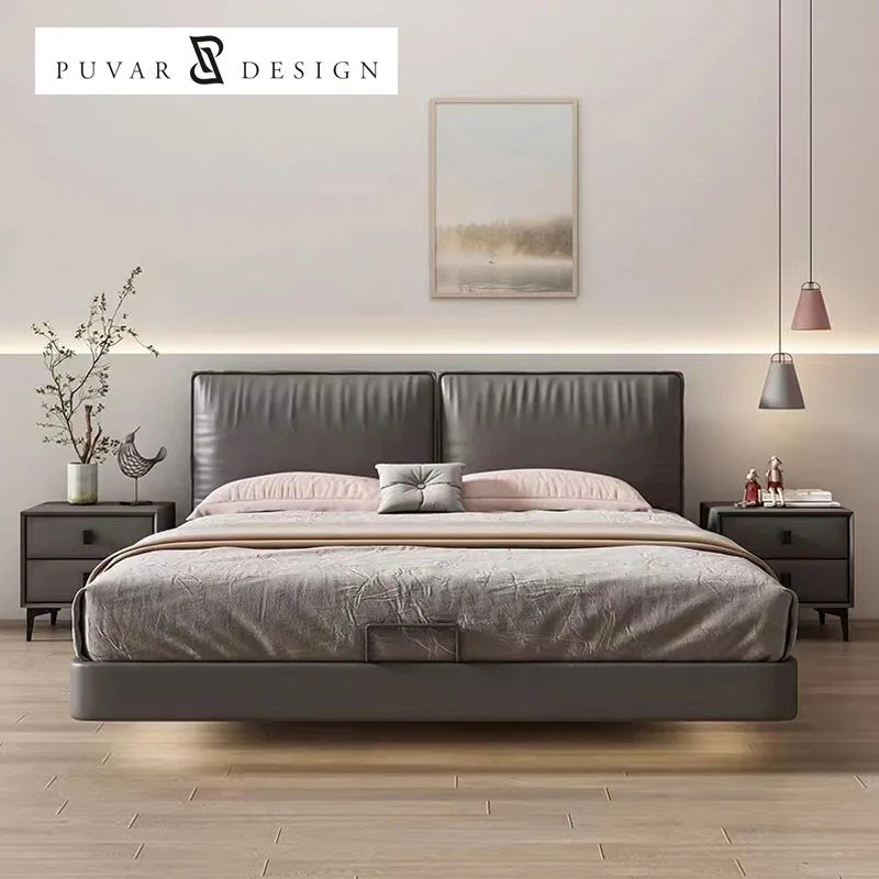 Italian minimalist light luxury leather bed Master bedroom modern simple double bed