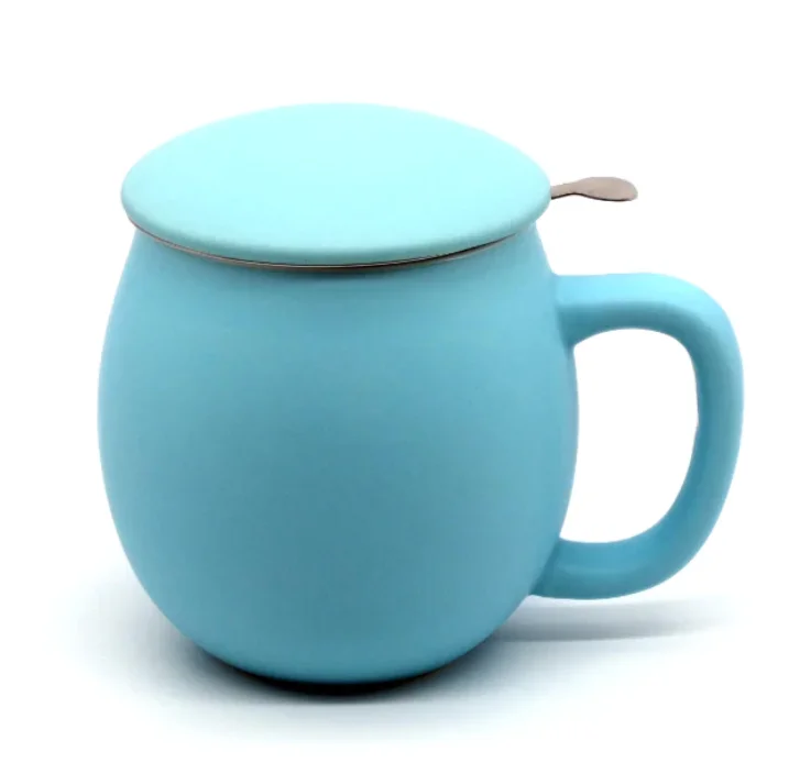 12 oz Matte Blue Ceramic Teacup with Infuser and Lid Glass Mug for Coffee and Tea Steeping Custom Logo Packaged in Gift Box