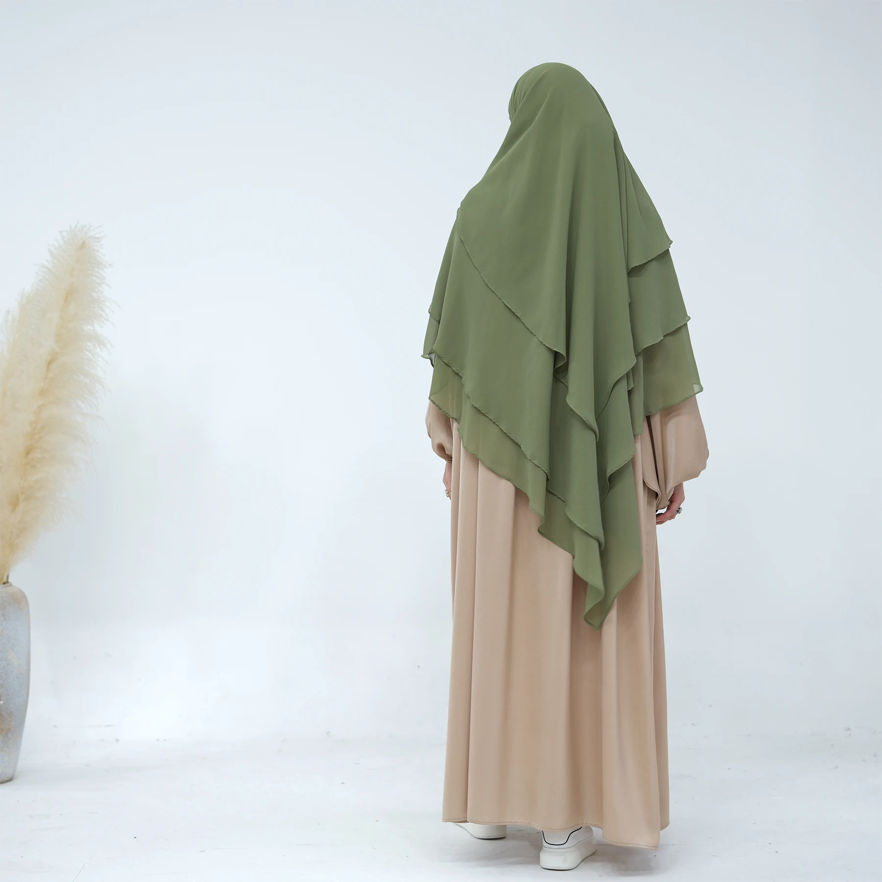 LangChi 3 Layers Overhead Chiffon Tie Back Khimar Islamic Hijab Plain Prayer Scarf Muslim Women Long Niqab Jilbab Khimar