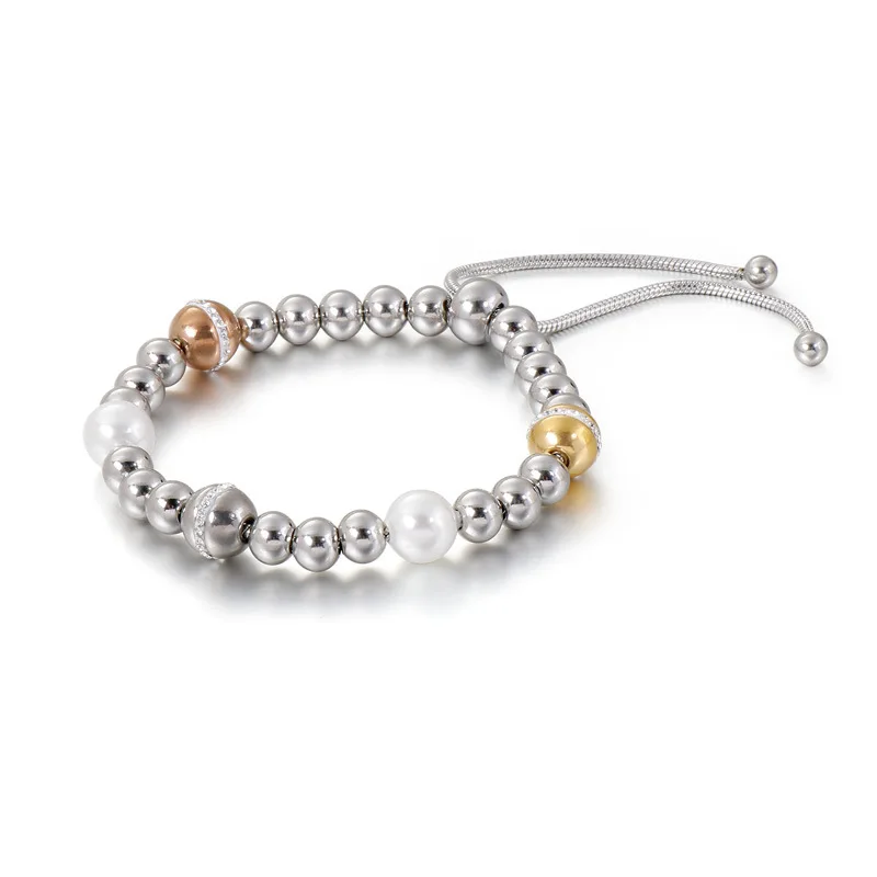 
New Fashion Adjustable Stainless Steel Bead with Cubic Zircon Iridescent Spherical Pearl Bead Bracelet 