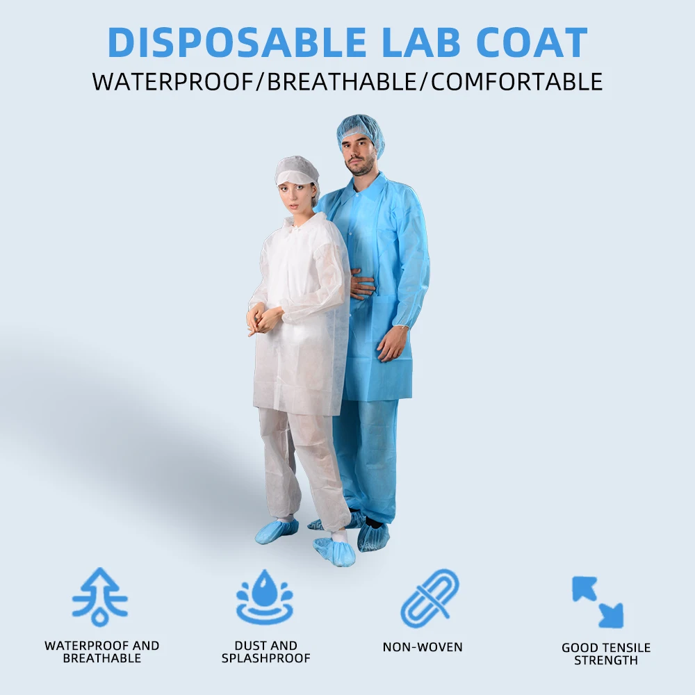 Unisex Disposable Hospital Gowns PP Woven Fabric Surgical Lab Coat and Visitor Coats for Visitors and Lab Technicians