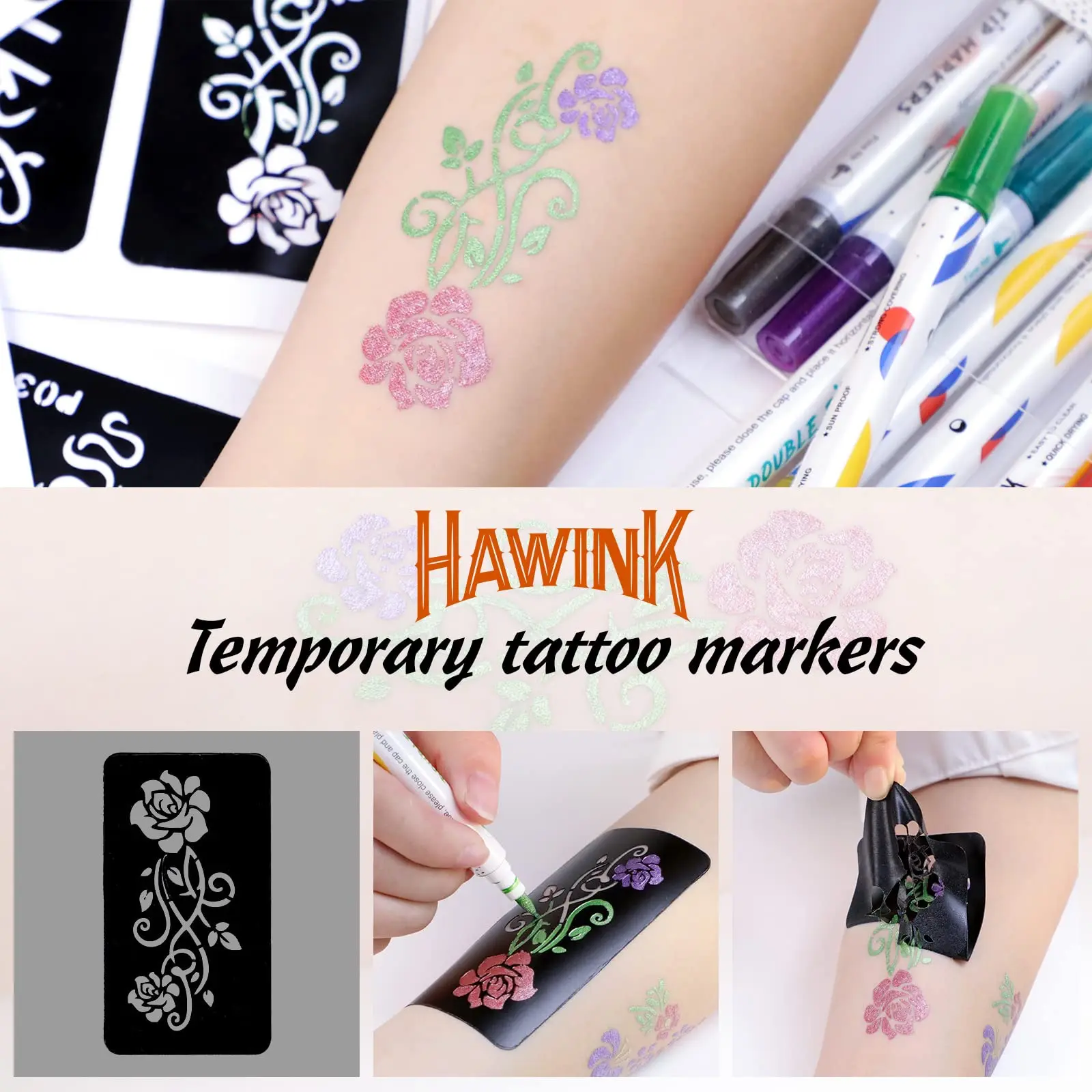 Skin-Friendly Multiple Stencils Halloween Cosplay Glitter Tattoos Kit Waterproof Girls Face Body Temporary Tattoo Markers