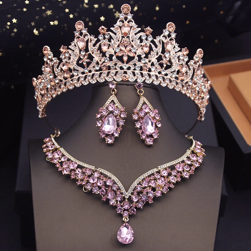 LUOXIN Wholesale 3 Set Crystal Royal Queen Bridal Crown Wedding Bridal Tiaras Necklace Earring Set