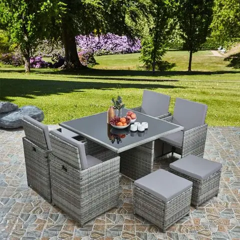 9 Piece 8 Seater Rattan Cube Dining Table Garden Furniture Patio Set (Grey/Grey)