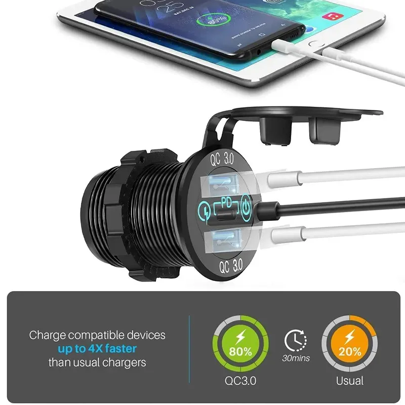 Новый 12 В/24 В тройной разъем USB гнездовой металлический 60 Вт USB-C многофункциональный разъем автомобильного зарядного устройства Type-C/PD3.0 и два порта QC3.0 с сенсорным переключателем