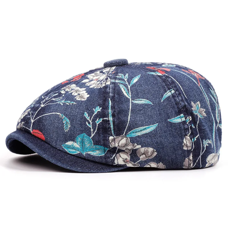Printing Floral Washed Denim Octagon Newsboy Hat for Men Newsboy Cap Irish Cap Newsies Cabbie Hat Flat Hat Unisex