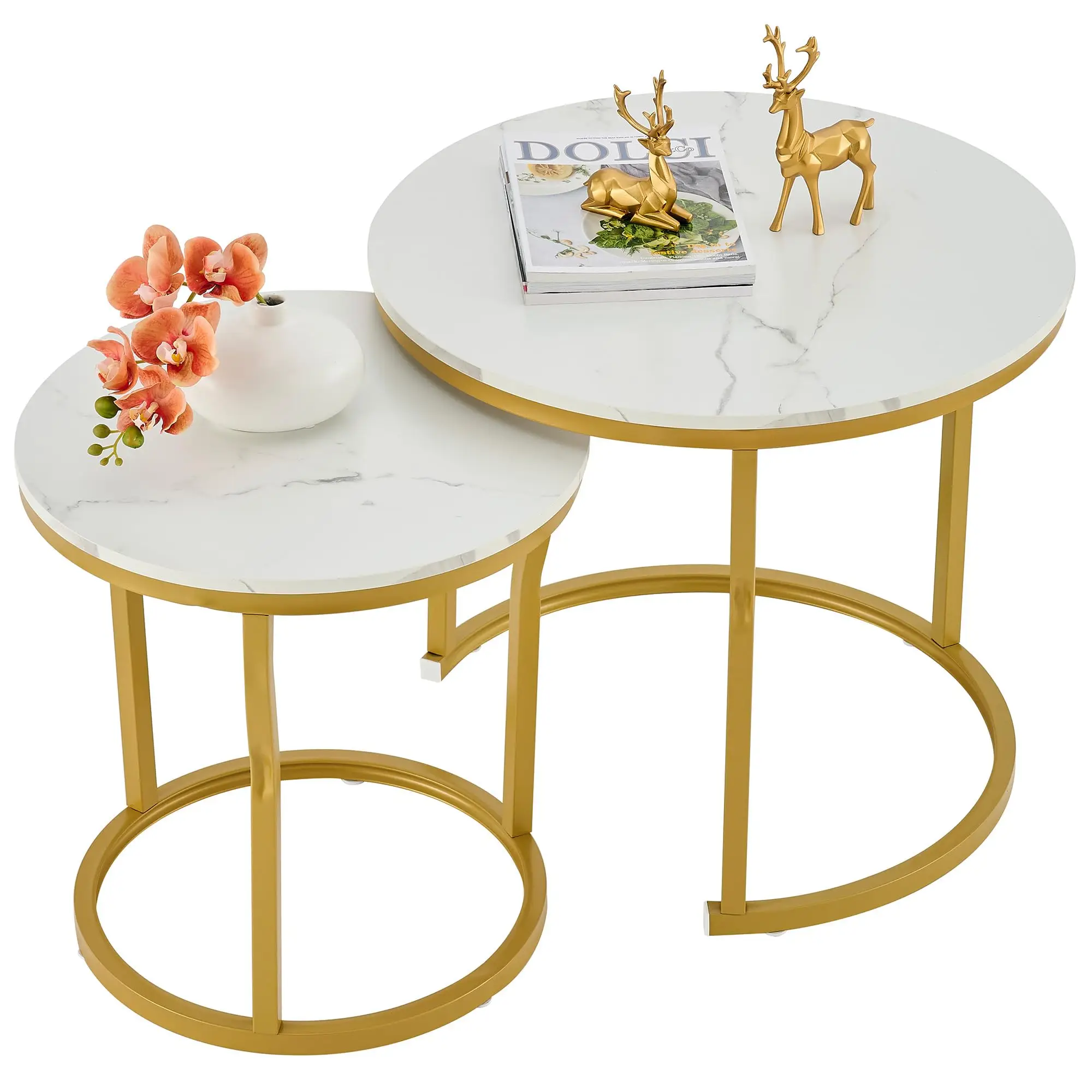 Nordic Style Natural Marble Top round Metal Frame Coffee and Side Table Set Wabi-Sabi Design for Home Furniture