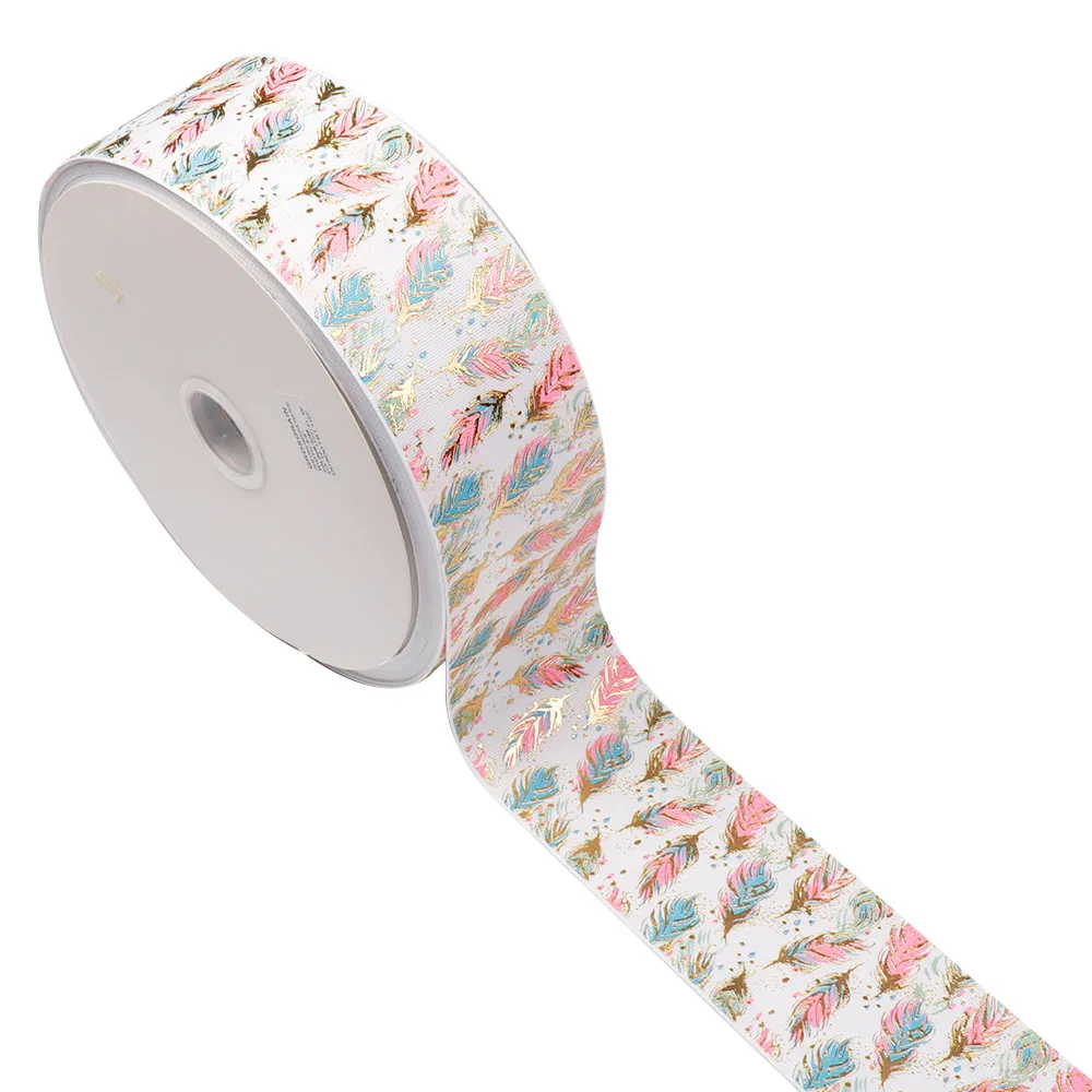
75mm 3 Inch Wide Gold Foil Feather Printed Grosgrain Ribbon For DIY Hairbows Bow Material  (1600176739802)