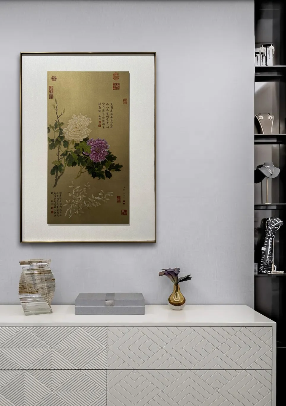 Chinese ancient style flower painting hotel wall art indoor home decorative copper plate linen metal frame painting