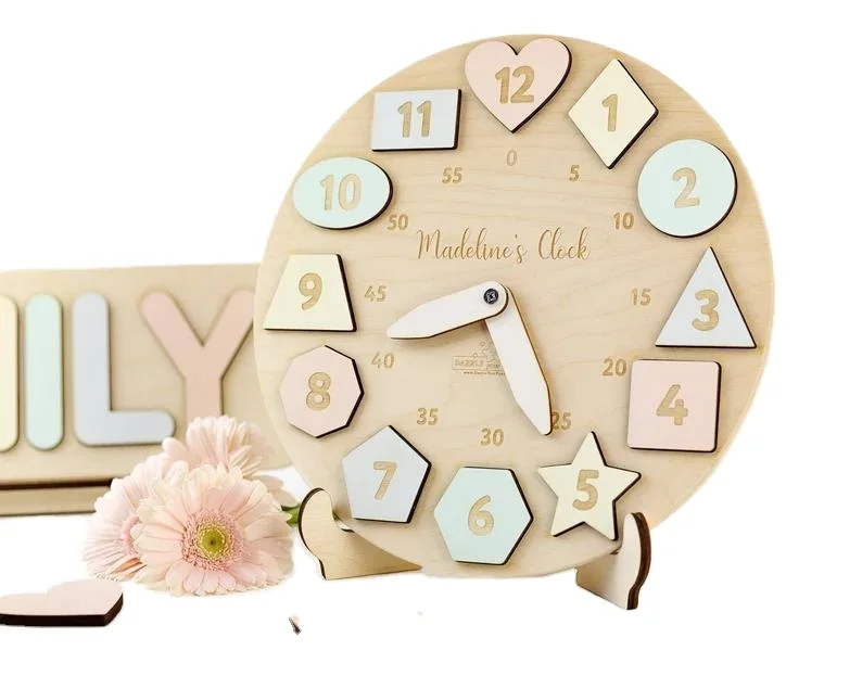 Montessori Toy  Baby Gift Boy Girl Personalized Puzzle Toys Wooden Name Clock with Shapes