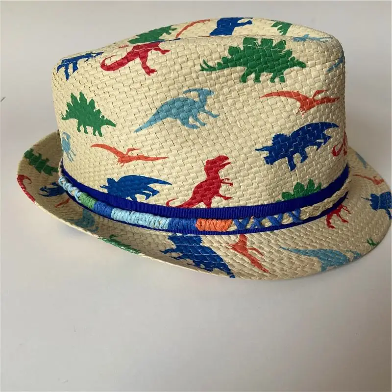 Wholesale Custom Print Cartoon Dinosaur Pattern Sun Protection Straw Visor Hat Panama Woven Straw Hats Unisex Kids Straw Hat