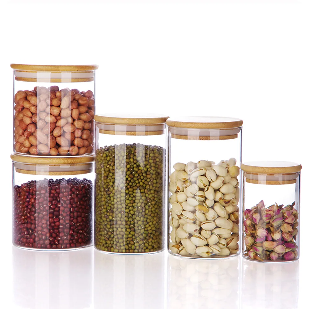 Wholesale 14oz Food Grade Tea Storage Jar With Bamboo Lid Clear Food Glass Jar With Wood Lid