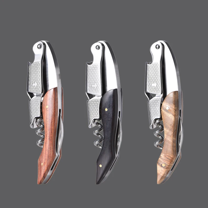 3-in-1 Deluxe Manual Wine Key Bottle Corkscrew Openers Stainless Steel Dual Hinge Fulcrum Wood Handle Waiters Bottle Opener