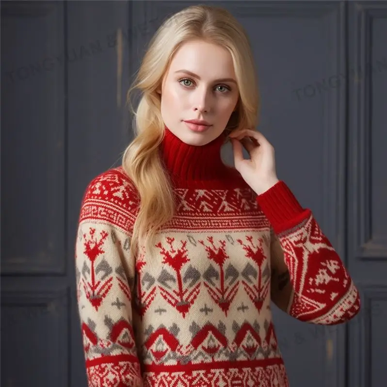 Womens Plus Size Clothing 2024 Winter Reindeer Tree Knitwear Turtleneck 100% Acrylic Jacquard Christmas Sweater For Women