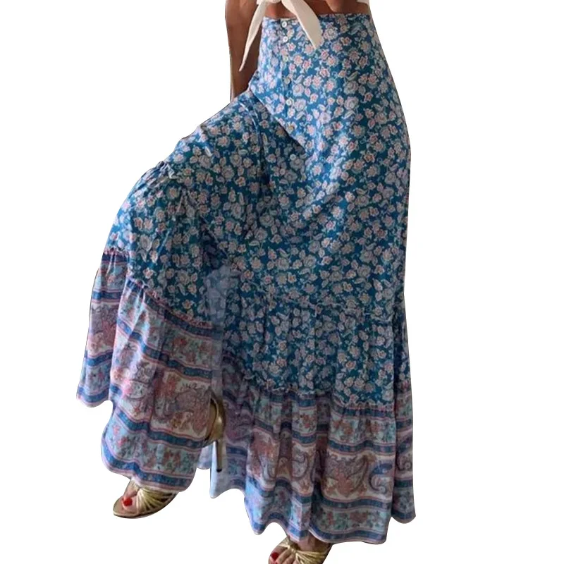 2022  Sexy Maxi Skirts Women's Summer Printing Button Down Long Skirts Low Waist  Blue Skirt Chic Fashion Ski