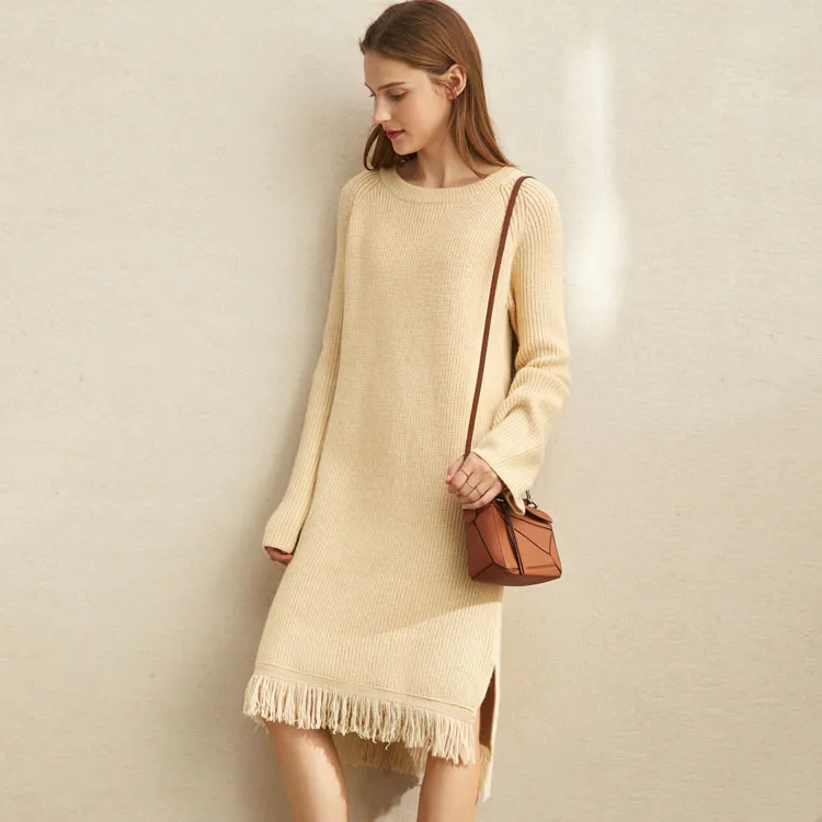 Custom Winter Warm Young Girl Straight Knitted Sweater Dress with Fringe