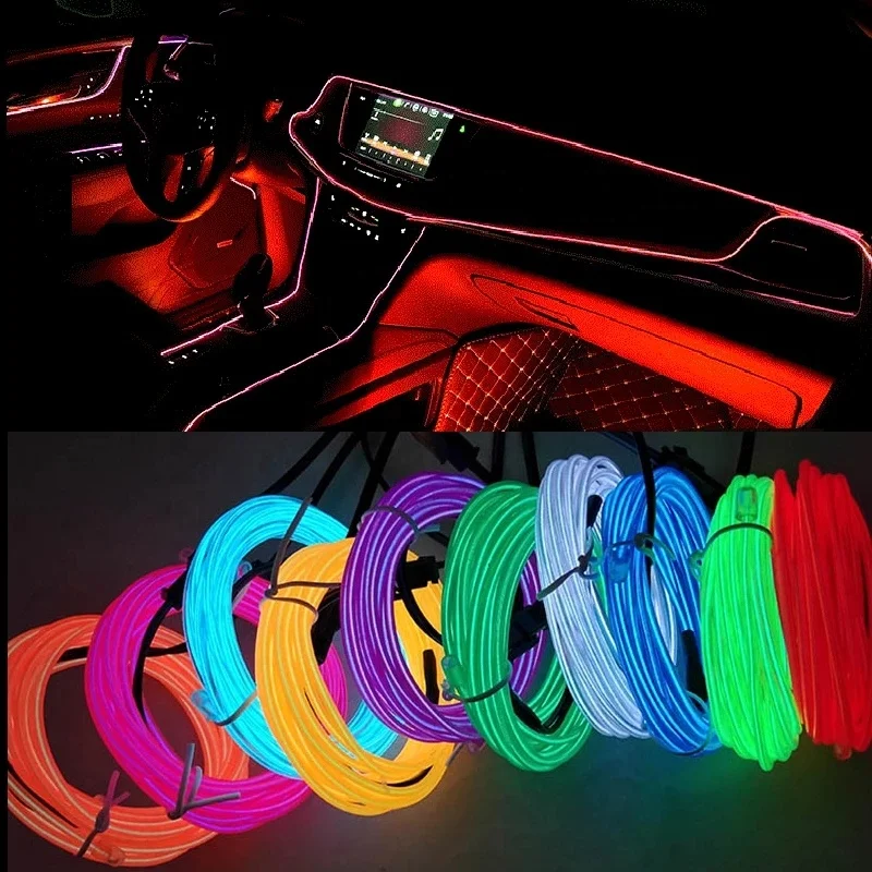 Car Cold Light Line 1/2/3/4/5M Flexible Neon Lights Strip Auto Interior Decorative Light With Cigarette EL Wire Atmosphere Lamp