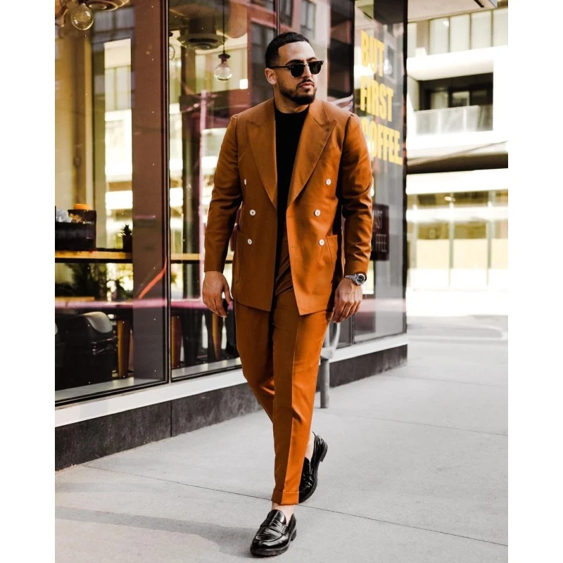 Blazer Sets Wedding Suits for Men 2 Pieces Outfits Slim Fit Costume Orange Double Breasted Large Size Tuxedo Homme Elegant Dress