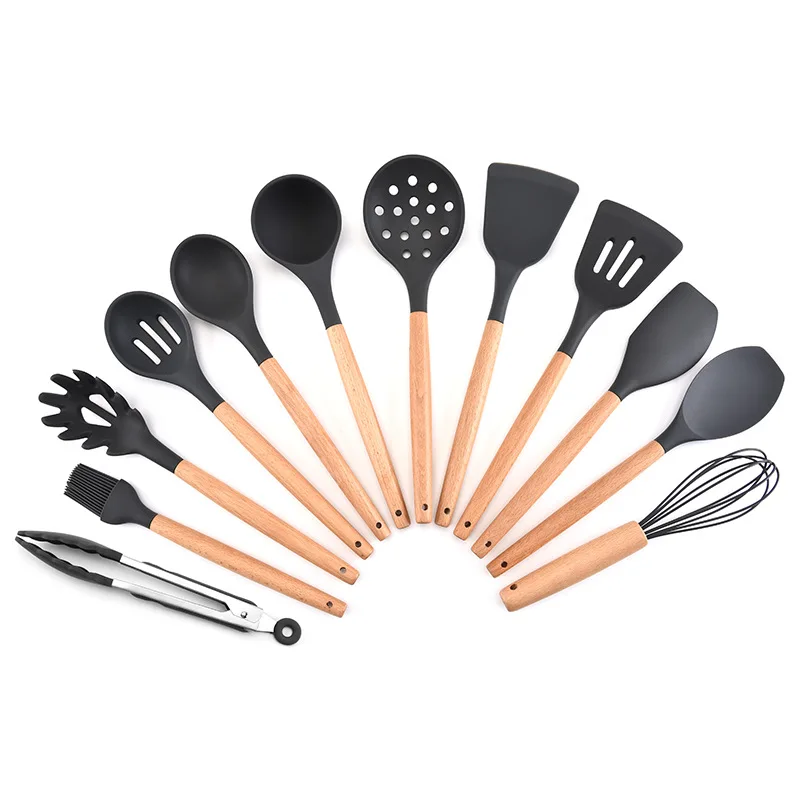 H605 Cooking Baking Tools Non Stick Pan Kitchenware Heat Resistance Wooden Handle Silicone Colander Spoon Spatula