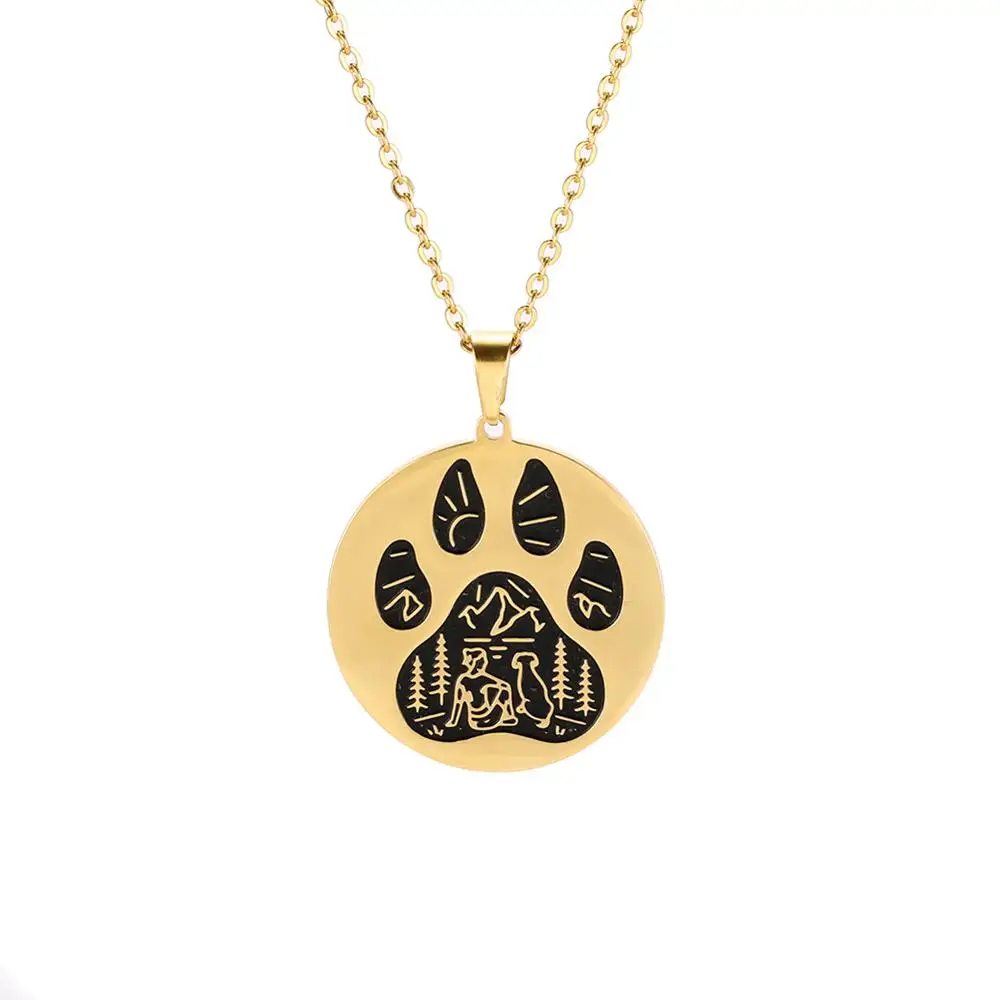 SSN041 Trade Assurance Fashion Stainless Steel Wolf Dog Paw Round Pendant Gold Plated Mountain Moon Animal Paw Print Necklace