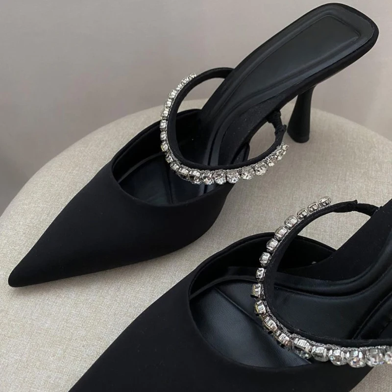 Customized Wholesale 2022 New Arrival Party Wear Pumps Shoes Sexy Women Rhinestone Black Heels Sandals Pointed Toe Fashion Pumps