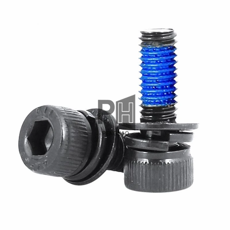 12.9 Grade Steel M3-M5 Black Three-Combination Adhesive Anti-Loose Hex Socket Cup Head Screws Washer Nylock Screw Bolts