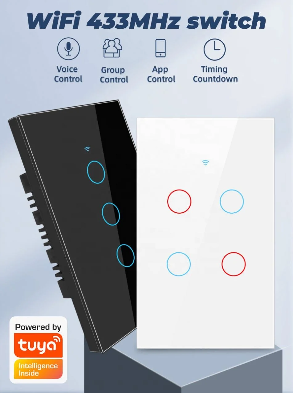 1/2/3/4 gang Tuya Alexa Smart Switch US Works Google Home Voice Control WiFi Smart Home Touch Switches Neutral/ No neutral