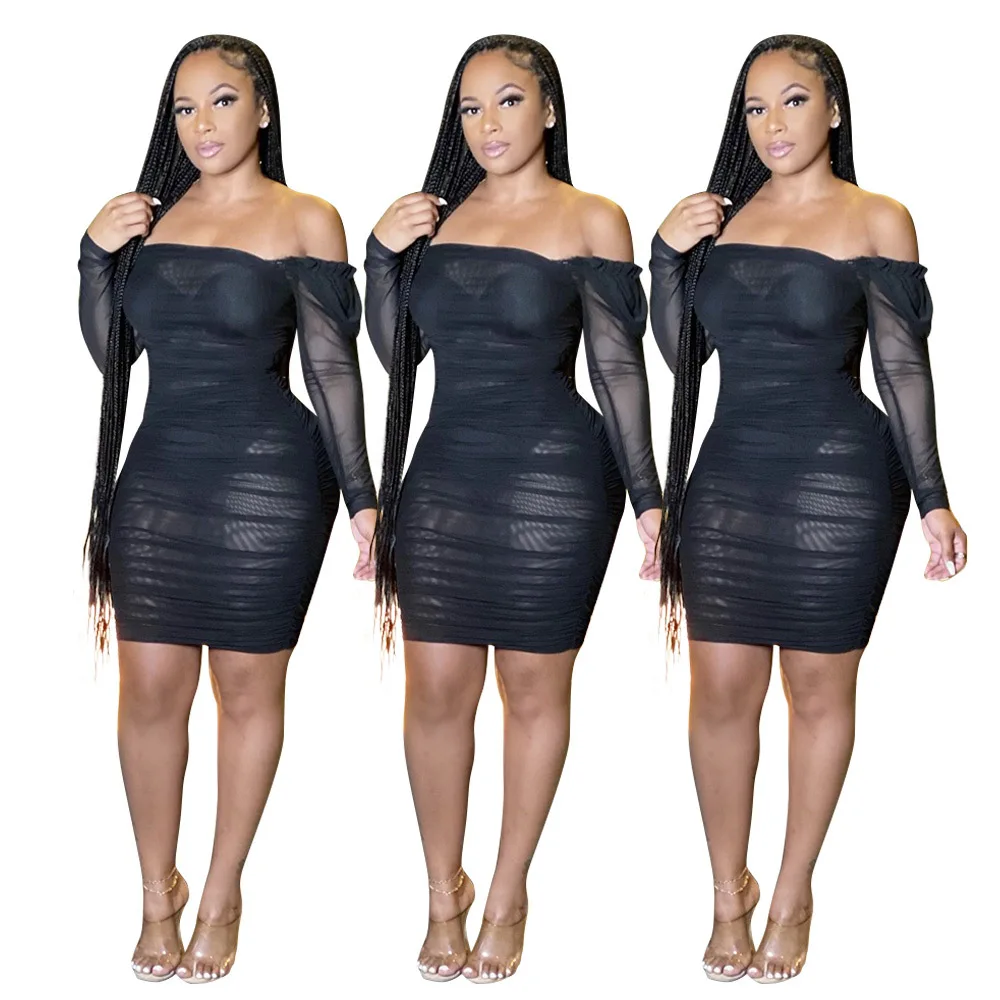 
Tight solid color mature one-shoulder mesh black wholesale sexy skirt clothing summer dresses ladies women 2021 