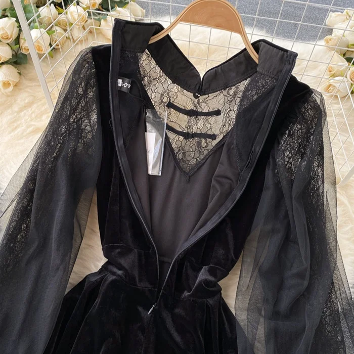 Korean Chic Long Sleeve Lace Patchwork Velvet Dress Women Evening Dresses Clothing