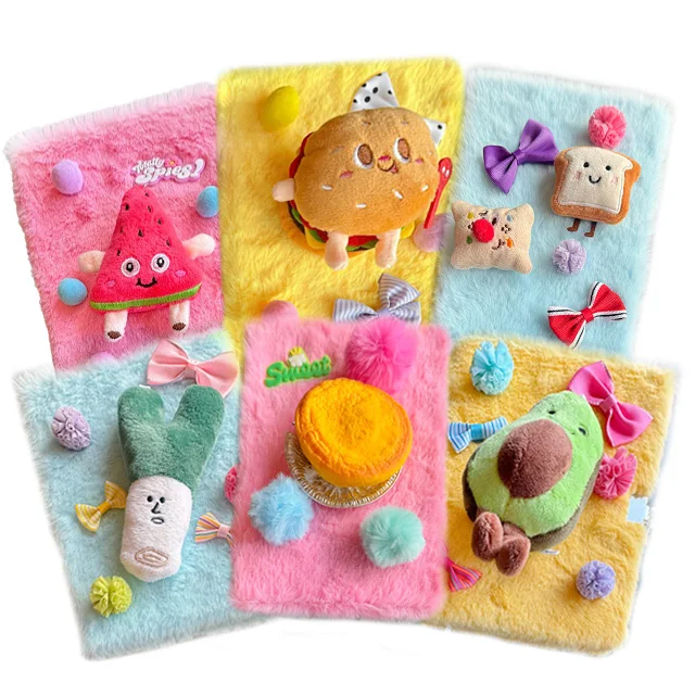 Plush Notebook Set Glitter Diary With Lock for Kids Embroidery Journal School Notepad Gel Pen Key Rings Gift