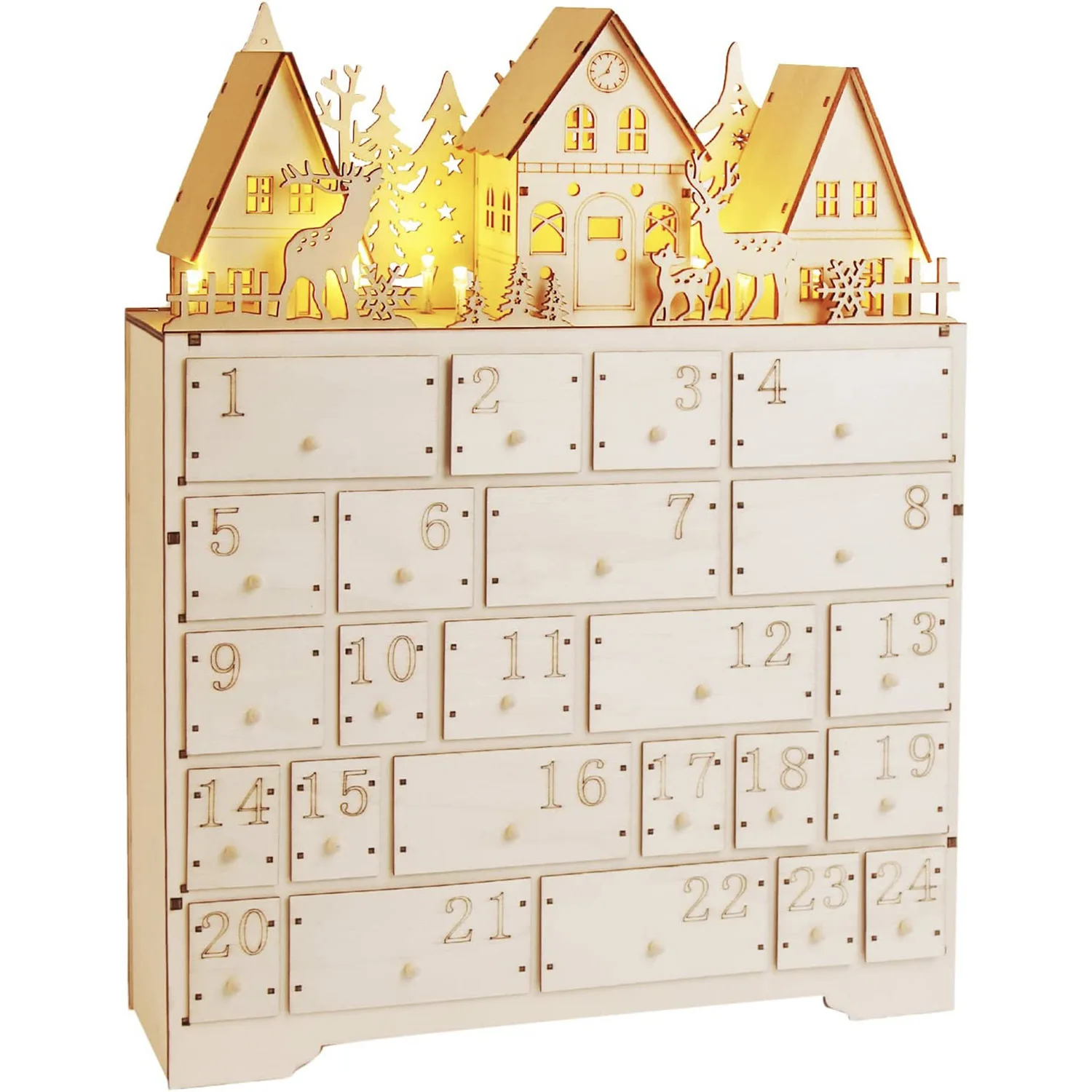 Christmas Wooden Advent Calendar With 24 Storage Drawers Large Size Xmas Countdown Calendar With Led Lights