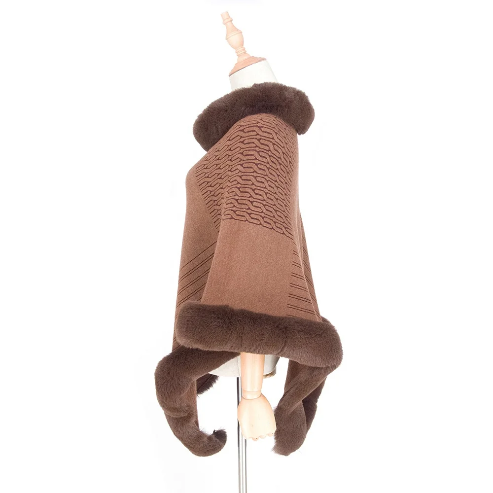 
Wholesale Faux Rabbit Collar Pullover Knitted Cape Ladies Wool Crochet Fur Poncho Sweater Women Winter Shawl Wrap 
