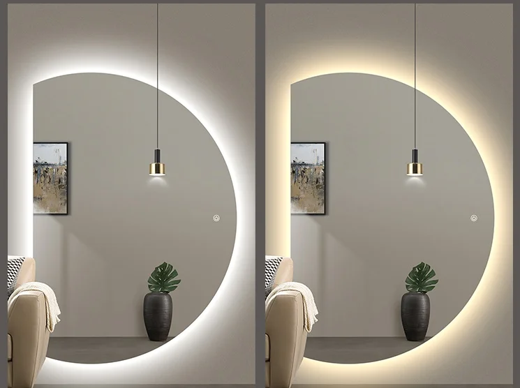 Wall Mouted half moon shape backlit LED mirror with three color light Wall Mirror