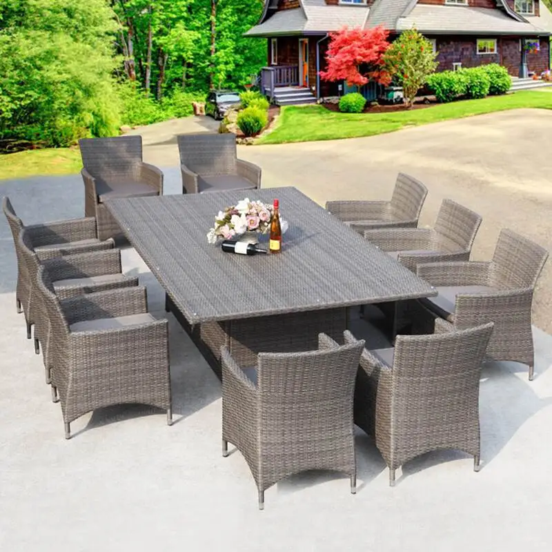 Garden furniture courtyard modern compact PE rattan cheap 10 people seater dining table sets dining room table with 10 chairs