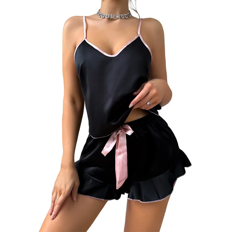 STY-y5008 Summer Thin Ice Fashion Sexy Breathable Shorts Pajamas Vest Top Shorts Set Two-piece Pajama For Women