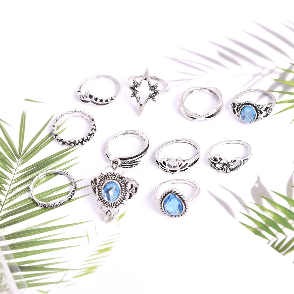European and American 11pcs/set Antique Silver Arrow Elephant fox lion pony Pattern Carved Animal Geometric Gemstone Rings