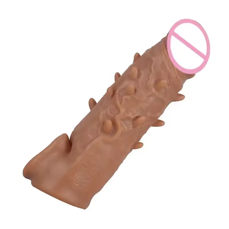 16cm Reusable Ejaculation Delay Realistic Dildo Sleeve Silicone Long Wearable Sleeve Condom For Men Penis Enlargement Big